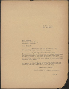 Sacco-Vanzetti Defense Committee typed letter (copy) to Eric Brooks, Boston, Mass., May 16, 1927