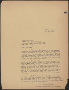 Sacco-Vanzetti Defense Committee typed letter (copy) to Sadie L. Robinson (International Sacco-Vanzetti Defense), Boston, Mass., May 16, 1927