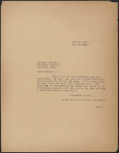Sacco-Vanzetti Defense Committee typed note (copy) to Lillian Whalley, Boston, Mass., May 16, 1927