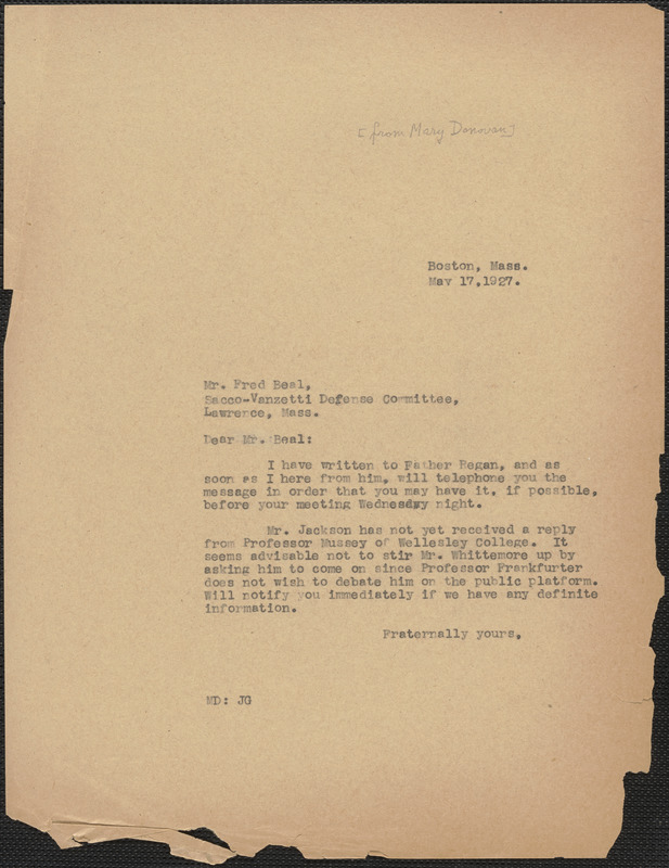 Mary Donovan (Sacco-Vanzetti Defense Committee) typed letter (copy) to ...