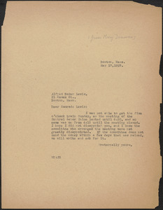 Mary Donovan (Sacco-Vanzetti Defense Committee) typed note (copy) to Alfred Baker Lewis, Boston, Mass., May 17, 1927