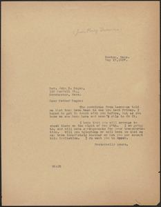 Mary Donovan (Sacco-Vanzetti Defense Committee) typed letter (copy) to Rev. John X. Regan, Boston, Mass., May 17, 1927