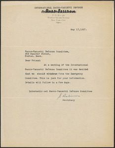 Sadie L. Robinson (International Sacco-Vanzetti Defense) typed note signed to Sacco-Vanzetti Defense Committee, New York, N.Y., May 17, 1927