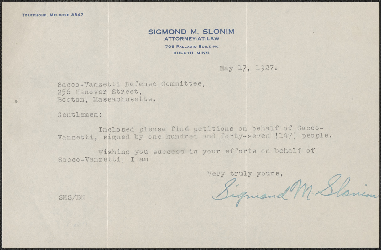 Sigmond M. Slonim typed note signed to Sacco-Vanzetti Defense Committee, Duluth, Minn., May 18, 1927