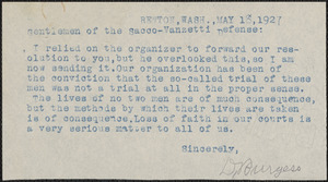 David Burgess (Socialist Labor Party of Washington) typed note signed to Sacco-Vanzetti Defense Committee, Benton, Wash., May 18, 1927