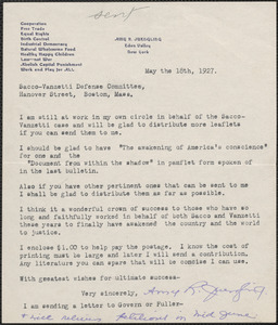 Amy Juengling typed letter signed to Sacco-Vanzetti Defense Committee, Eden Valley, N.Y., May 18, 1927