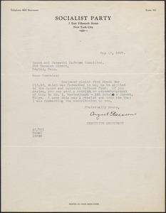 August Claessens (Socialist Party) typed note signed to Sacco-Vanzetti Defense Committee, New York, N.Y., May 19, 1927