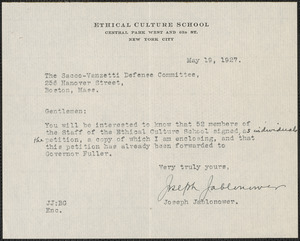 Joseph Jablonower (Ethical Culture School) typed note signed to Sacco-Vanzetti Defense Committee, New York, N.Y., May 19, 1927
