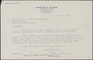 Sigmond Slonim typed letter signed to Sacco-Vanzetti Defense Committee, Duluth, Minn., May 19, 1927