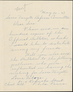 A. Lorenzon autograph note signed to Sacco-Vanzetti Defense Committee, Philadelphia, Pa., May 20, 1927