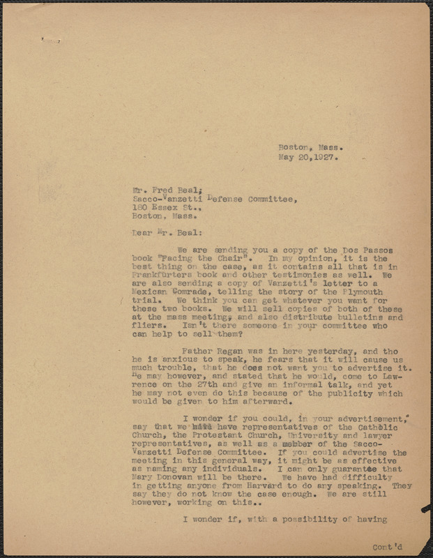 Sacco-Vanzetti Defense Committee typed letter (copy) to Fred E. Beal ...