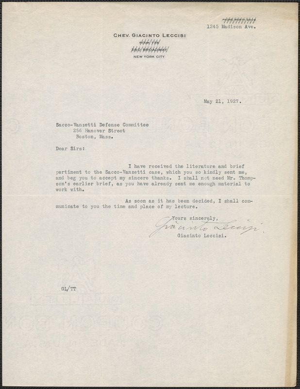 Giacinto Leccisi typed note signed to Sacco-Vanzetti Defense Committee, New York, N.Y., May 21, 1927