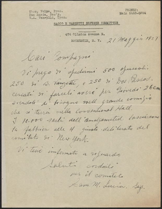 Sam M. Lucia (Sacco e Vanzetti Defense Committee, Rochester) autograph letter S, in Italian, to Sacco-Vanzetti Defense Committee, Rochester, N.Y., May 21, 1927