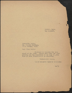 Sacco-Vanzetti Defense Committee typed note (copy) to Jeanette Marks, Boston, Mass., May 21, 1927