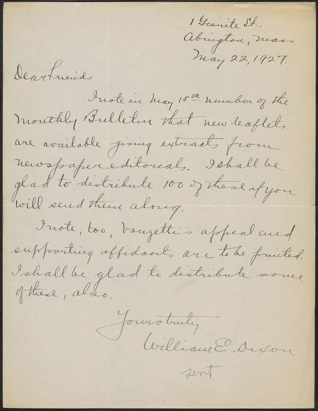 William E. Dixon autograph letter signed to Sacco-Vanzetti Defense Committee, Abington, Mass., May 22, 1927