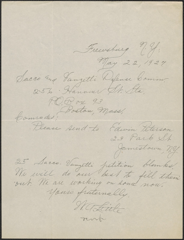 W. A. Little autograph note signed to Sacco-Vanzetti Defense Committee, Frewsburg, N.Y., May 22, 1927