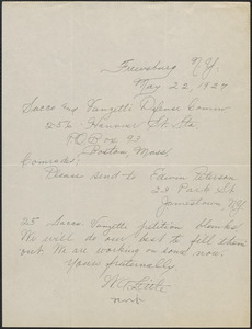 W. A. Little autograph note signed to Sacco-Vanzetti Defense Committee, Frewsburg, N.Y., May 22, 1927