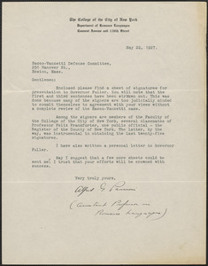 Alfred G. Panaroni typed letter signed to Sacco-Vanzetti Defense Committee, New York, N.Y., May 22, 1927
