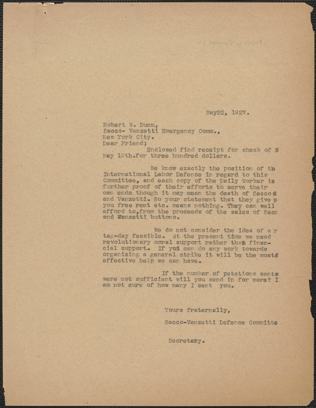 Sacco-Vanzetti Defense Committee typed letter (copy) Robert W. Dunn ...