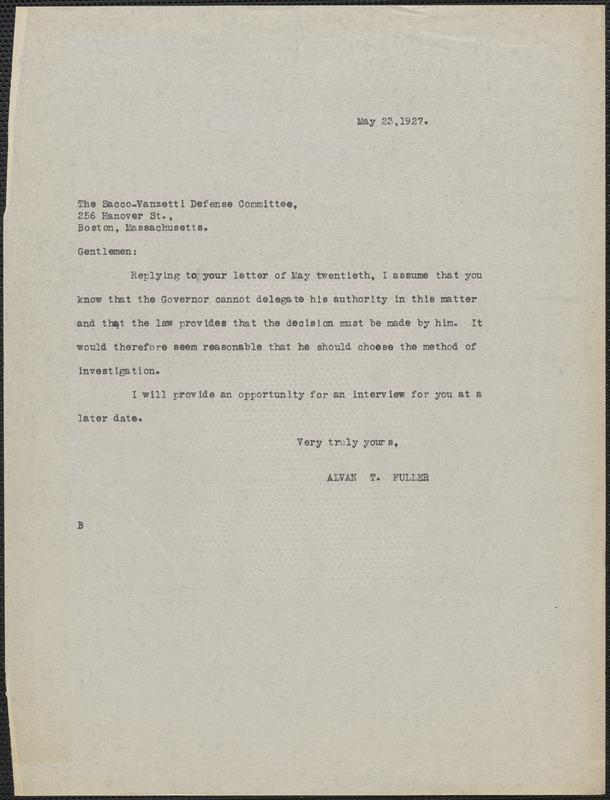 Alvan T. Fuller typed note (copy) to Sacco-Vanzetti Defense Committee, [Boston, Mass.?], May 23, 1927