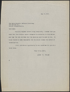Alvan T. Fuller typed note (copy) to Sacco-Vanzetti Defense Committee, [Boston, Mass.?], May 23, 1927