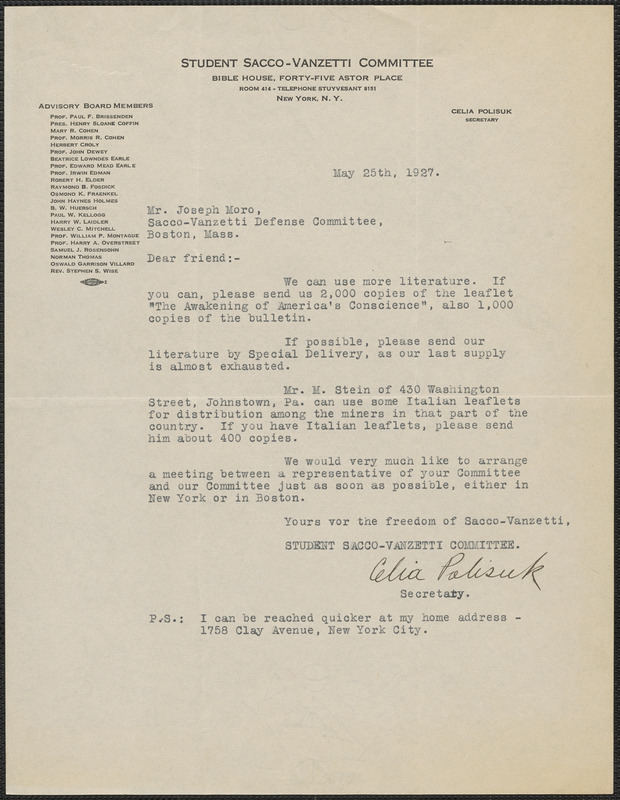 Celia Polisuk (Student Sacco-Vanzetti Committee) typed letter signed to ...