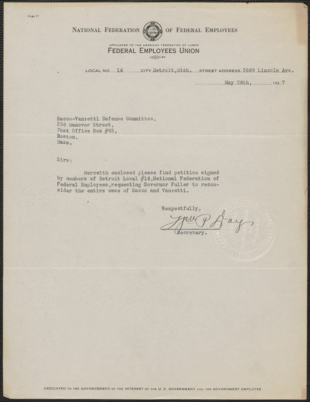 [William?] P. Day (National Federation of Federal Employees) typed note signed to Sacco-Vanzetti Defense Committee, Detroit, Mich., May 26, 1927
