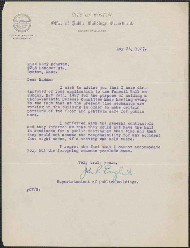 John Englert (City of Boston, Office of Public Buildings Department) typed letter signed to Mary Donovan, Boston, Mass., May 26, 1927