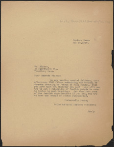 Sacco-Vanzetti Defense Committee typed note (copy) to [S.] Piesco, Boston, Mass., May 26, 1927