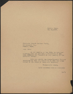 Sacco-Vanzetti Defense Committee typed note (copy) to Workers Party, Ukrainian Branch, Boston, Mass., May 26, 1927