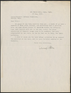 Edward S. Allen typed letter signed to Sacco-Vanzetti Defense Committee, Ames, Iowa, May 27, 1927