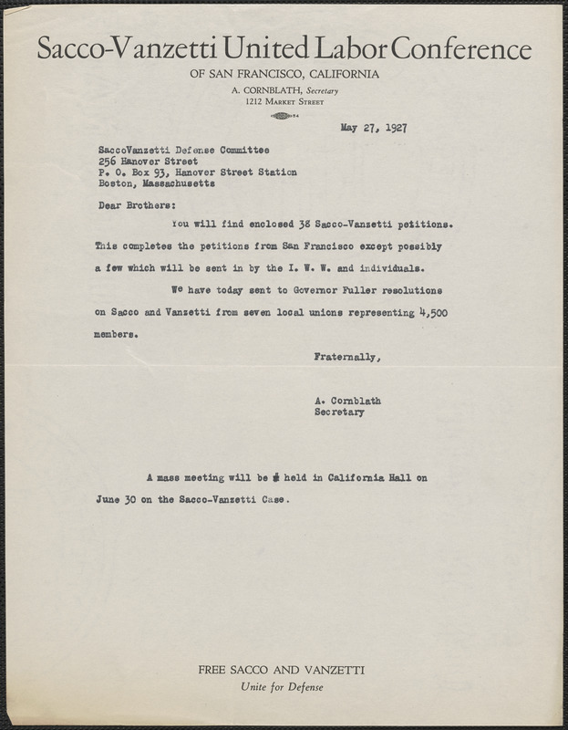 Anna Cornblath (Sacco-Vanzetti United Labor Conference) typed note to Sacco-Vanzetti Defense Committee, San Francisco, Calif., May 27, 1927