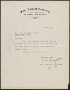 Ada Rosenfelt (Sacco-Vanzetti Conference) typed note signed to Sacco-Vanzetti Defense Committee, Philadelphia, Pa., May 27, 1927