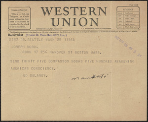 Ed Delaney telegram to Joseph Moro, Seattle, Wash., May 28, 1927