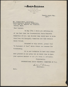 Sadie L. Robinson (International Sacco-Vanzetti Defense Committee) typed letter signed to Joseph Moro, New York, N.Y., May 28, 1927