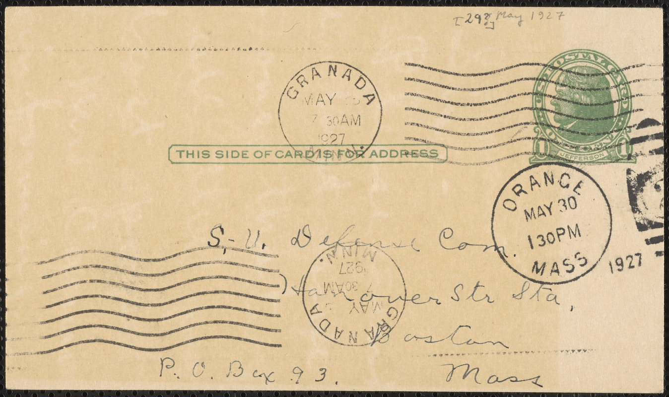 Irene Benton typed note signed (postcard) to Sacco-Vanzetti Defense Committee, Granada, Minn., May 30, 1927