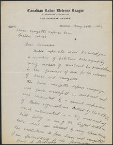 A. Shalinsky (Canadian Labor Defense League) autograph letter signed to Sacco-Vanzetti Defense Committee, Montreal, Canada, May 29, 1927