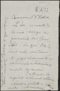 Armando Borghi autograph note signed, in Italian, to Joseph Moro, Brooklyn, N.Y., May 31, 1927