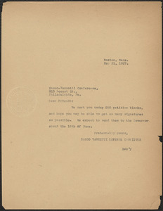 Sacco-Vanzetti Defense Committee typed note (copy) to Sacco-Vanzetti Defense Conference, Philadelphia, Boston, Mass., May 31, 1927