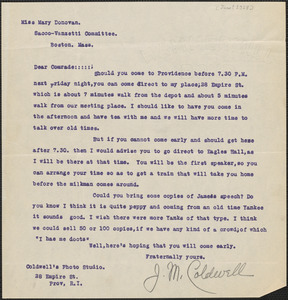 Joseph M. Coldwell typed letter signed to Sacco-Vanzetti Defense Committee, Providence, R.I., [June? 1927]