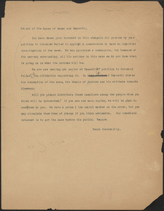 Sacco-Vanzetti Defense Committee typed letter (copy) circular, Boston, Mass., [June? 1927]