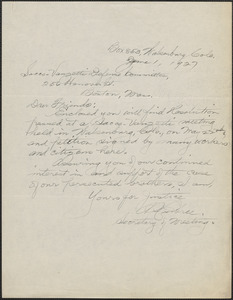 Autograph note signed to Sacco-Vanzetti Defense Committee, Walsenburg, Colo., June 1, 1927