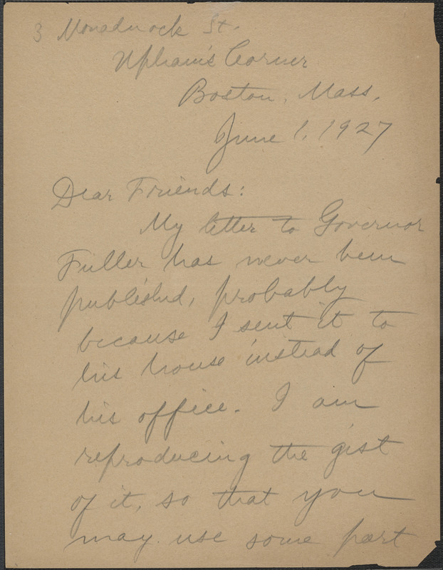 Alice Stone Blackwell autograph letter signed to Sacco-Vanzetti Defense Committee, Boston, Mass., June 1, 1927