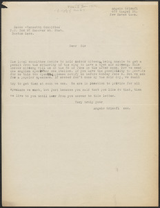 Angelo Crisafi typed note to Sacco-Vanzetti Defense Committee, New Haven, Conn., approximately [June 2, 1927]