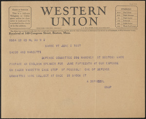 A. Depizzol telegram to Sacco-Vanzetti Defense Committee, Barre, Vt., June 2, 1927