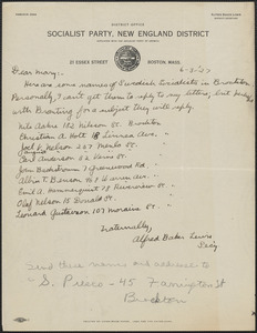 Alfred Baker Lewis (Socialist Party, New England District) autograph note signed to Sacco-Vanzetti Defense Committee, Boston, Mass., June 3, 1927