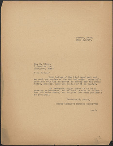 Sacco-Vanzetti Defense Committee typed note (copy) to William E. Dixon Boston, Mass., June 4, 1927