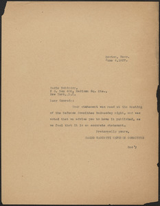 Sacco-Vanzetti Defense Committee typed note (copy) to Sadie L. Robinson, Boston, Mass., June 4, 1927