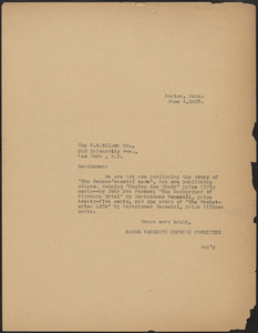 Sacco-Vanzetti Defense Committee typed note to the H. W. Wilson Company, Boston, Mass., June 4, 1927