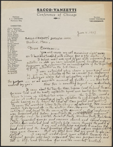 Albert Wechsler (Sacco-Vanzetti Defense Conference, Chicago) autograph letter signed to Sacco-Vanzetti Defense Committee, Chicago, Ill., June 4, 1927